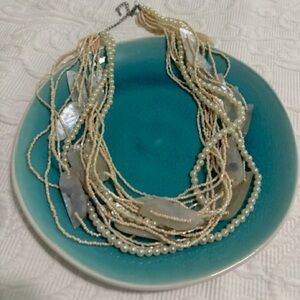 Vintage Multi Strand Pearl Necklace Cream & Tan with Shells